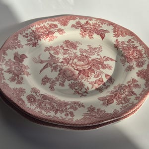 Puede incluir: Dos platos de cerámica blanca con un diseño floral y de pájaros en rojo. Los platos tienen un borde festoneado y están apilados. El patrón floral incluye rosas y otras flores.