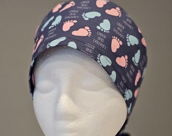 Labor and Delivery Blue and Pink Baby Feet on Dark Blue Scrub Caps