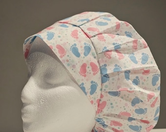 Baby Feet Pink and Blue on White Bouffants, Ponytails, and Scrub Caps