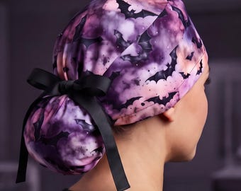 Bonnet de bloc opératoire à motif chauves-souris aquarelle pour Halloween | Plusieurs modèles