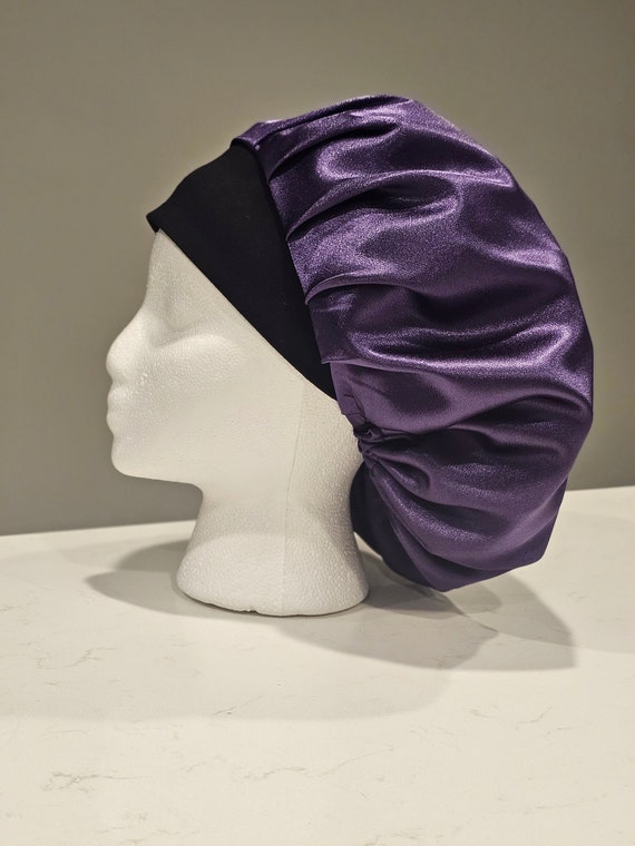 Purple Satin with Black Stretchy Headband Bouffant Scrub Hat