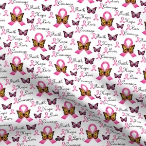 May include: A white background with a repeating pattern of pink ribbons with the words "Courage", "Faith", "Hope", and "Love" written on them.  Pink butterflies are scattered throughout the pattern.