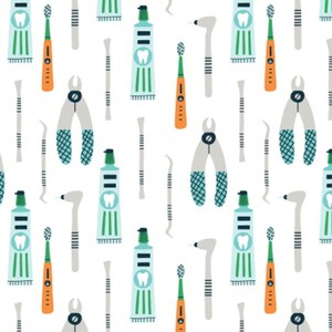 Può includere: Uno schema senza cuciture che presenta vari strumenti dentali e tubetti di dentifricio. Gli strumenti includono uno stuzzicadenti, uno specchio dentale, un paio di pinze e uno spazzolino da denti. I tubetti di dentifricio sono blu e verdi con dettagli bianchi. Lo sfondo è bianco.
