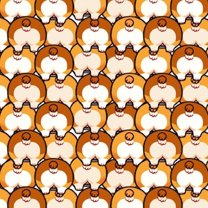 Puede incluir: Un patrón repetitivo de traseros de perros corgi de dibujos animados. El diseño presenta un patrón repetitivo de traseros de corgi marrones y blancos con colas esponjosas. El fondo es blanco.