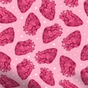 May include: A repeating pattern of stylized, anatomical hearts in shades of pink and red on a light pink background. Small white star shapes are scattered throughout the design. The hearts are detailed with veins and arteries.