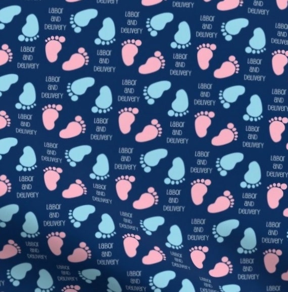 Labor and Delivery Blue and Pink Baby Feet on Dark Blue Bouffants, Ponytails, and Skull Caps