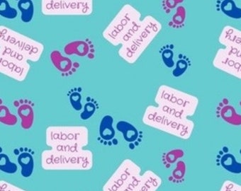 Baby Feet Labor and Delivery on Aqua Scrub Caps
