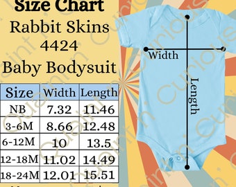 Rabbit Skins 4424 Baby Bodysuit Size Chart, Infant Bodysuit Size Chart, Three different files featuring three different bodysuit colors.