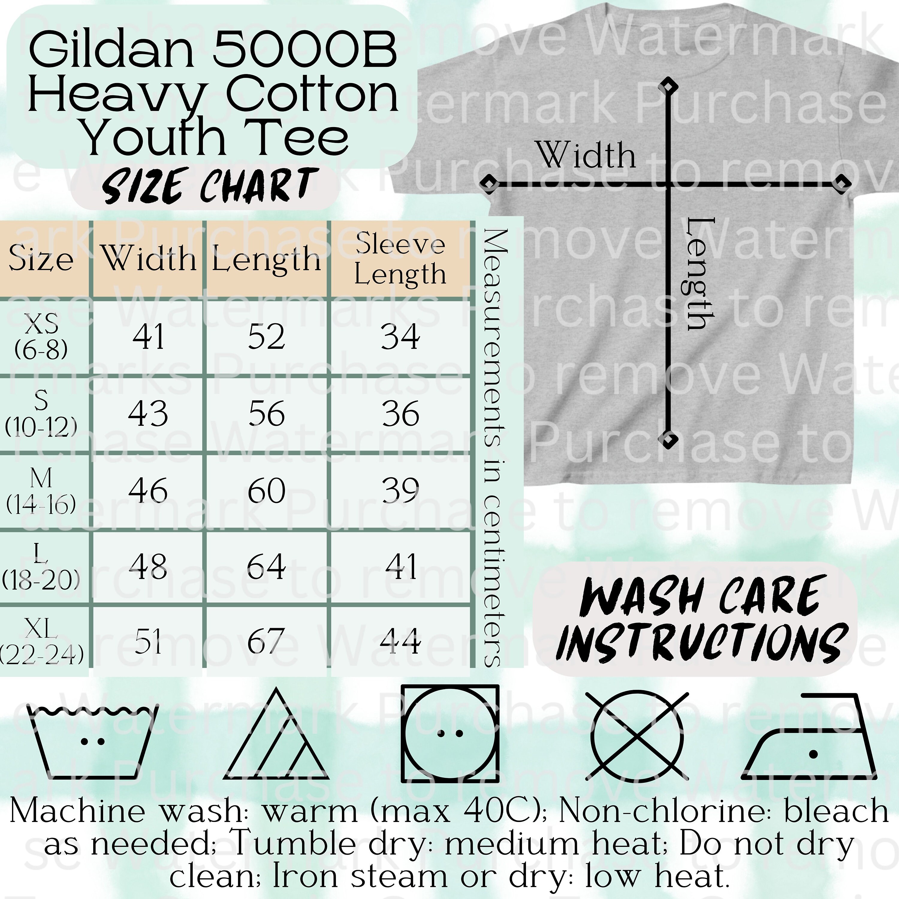 Gildan Youth Tee Size Chart and Wash Care Instructions Shop Card