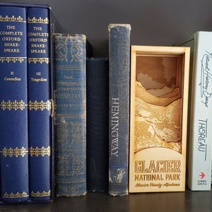 Può includere: Un modello in legno tagliato al laser del Glacier National Park in Montana. Il modello è di colore marrone chiaro e presenta una rappresentazione dettagliata delle montagne e delle valli. Il modello è incorniciato in una cornice in legno marrone chiaro e ha le parole "Glacier National Park" e "Glacier County Montana" stampate in basso.