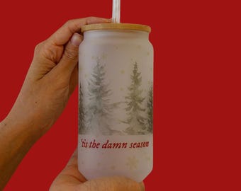 Tis the season- frosted sublimation glass with bamboo lid and glass straw