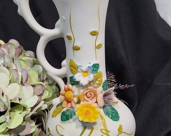 Vintage R.O.C. Interpur Ceramic 6in 3D Floral Pitcher