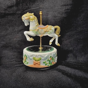 Vintage Hand Painted Porcelain Carousel Horse Music Box Over a Mirrored Base
