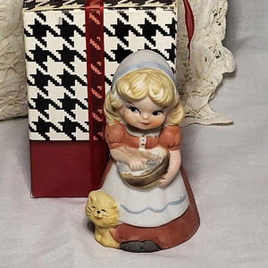 Vintage Ceramic Bisque Bell Figurine of Sweet Little Girl and Kitten