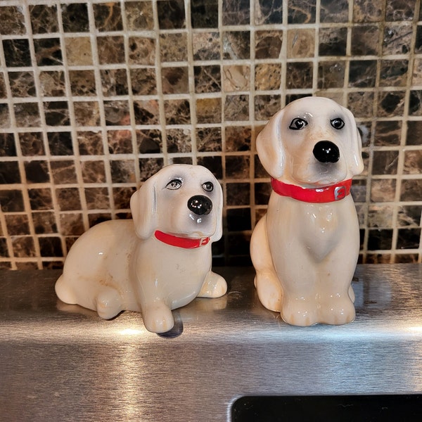 Vintage Ceramic Yellow Dog w/Red Collar Salt & Pepper Shaker Set