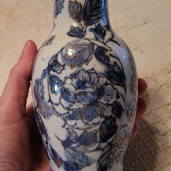 Vase chinois vintage Zhongguo Zhi Zao bleu et blanc 6" avec dorure dorée