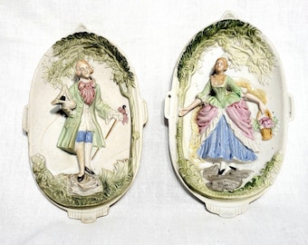 Rare find- Chase Bisque Pair of Handpainted Victorian Couple Wall Plaques Made in Japan