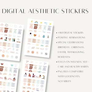 May include: A set of digital stickers featuring illustrations of positive affirmations, special celebrations, and self-care themes. The stickers are in a pastel color palette with a variety of designs, including hearts, rainbows, and stars. The text on the stickers includes phrases like "You are strong", "Happy Birthday", and "Keep going".