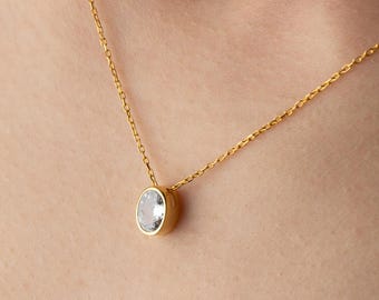Collar solitario ovalado de oro, colgante ovalado de plata, delicado collar de oro, joyería nupcial, collar de boda, regalo de verano, regalo de dama de honor