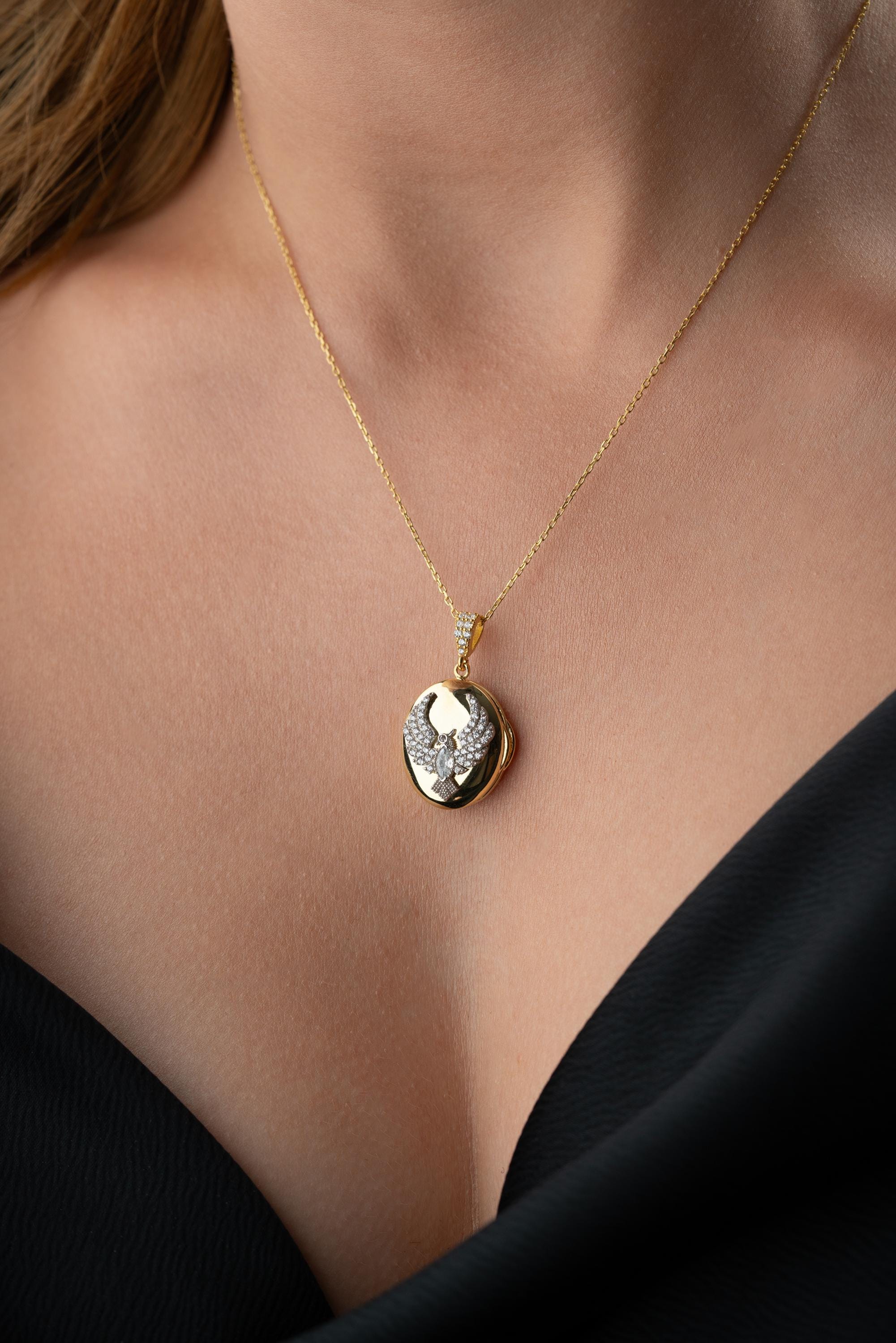 Oval Locket Necklace Phoenix Charm Sterling Silver Secret Photo Pendant ...