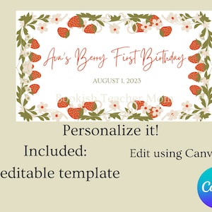 Berry First Birthday Banner: Strawberry Theme, Editable Template (Digital Download)