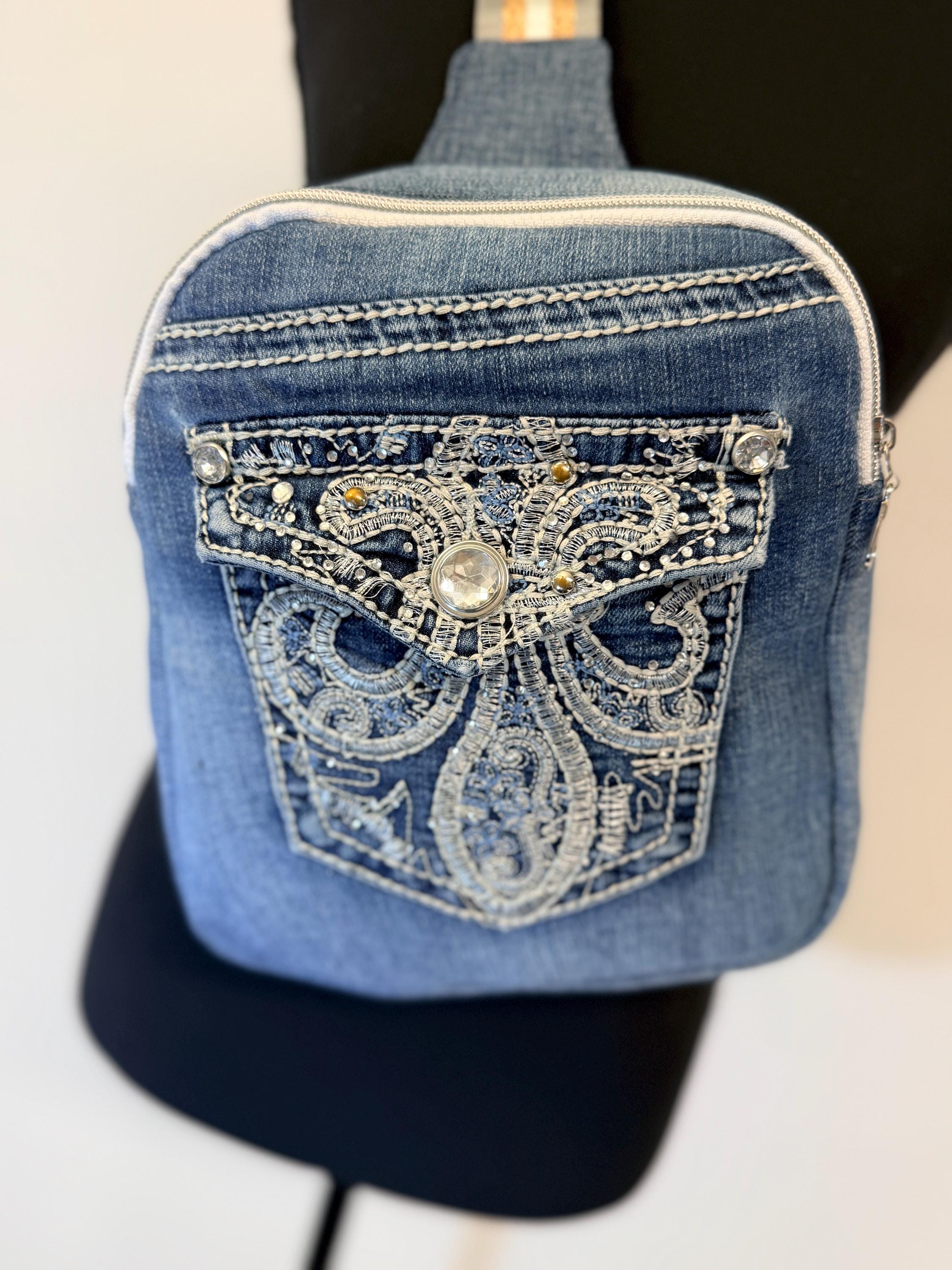 8097 Fashion Denim Backpack Purse Jean Bags With Rhinestones Decorations Denim Rhinestone Purses and Handbags - Etsy main image 4