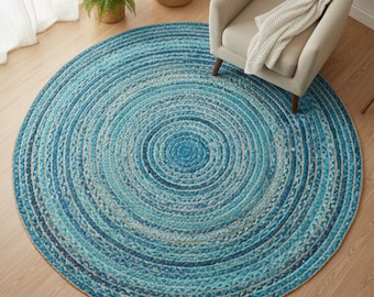 Handmade Round Jute Rug, Braided Blue Cotton Natural Fiber Decor personalised gift Hallway sustainable rug, gift for Dad, Indoor outdoor rug