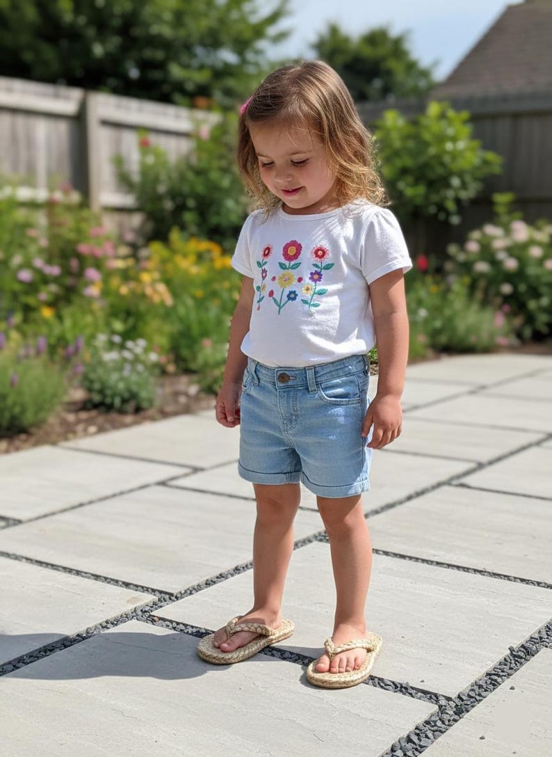 May include: A white short-sleeved t-shirt featuring a colorful embroidered floral pattern on the chest, paired with light blue denim shorts with a cuffed hem and beige woven flip-flops with a textured braided strap design.