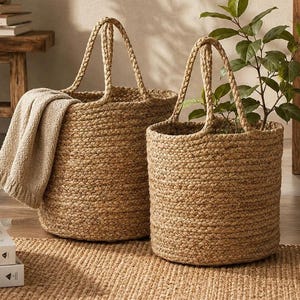 Handwoven Jute Storage Basket, Natural Fiber Tote, Laundry Bin, Plant Pot Cover