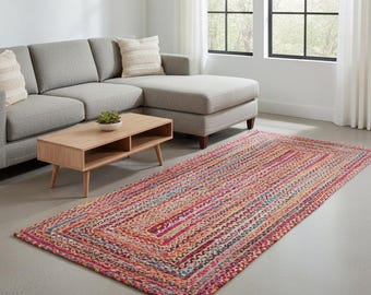 Handwoven Jute Chindi Rug: Multicolor Boho Sustainable rug custom size rug hallway rug bohemian Natural rug Gift for dad, indoor outdoor rug