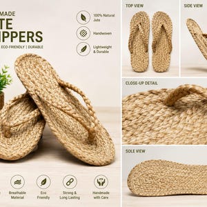 May include: Handmade jute slippers featuring a braided strap design and a woven texture. The product display includes text labels, a top view, a side view, a close-up detail of the braided material, and a view of the flat, woven sole.