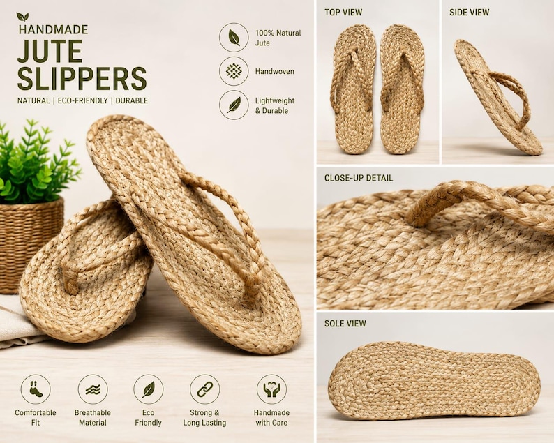 May include: Handmade jute slippers featuring a braided strap design and a woven texture. The product display includes text labels, a top view, a side view, a close-up detail of the braided material, and a view of the flat, woven sole.