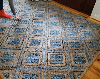 Rug Handmade Natural Jute Rug Blue Diamond Denim gift home Square Jute rug Custom Size Rug Boho indoor outdoor Jute Area Rug, Dining Runner