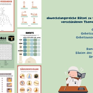 May include: A set of colourful educational worksheets for children about Islamic practices. The worksheets include a word search, a connect-the-dots puzzle, and a fill-in-the-blank activity. The worksheets are illustrated with cartoon characters and images of Islamic symbols.