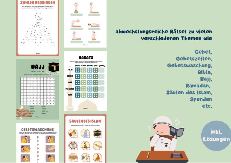 May include: A set of colourful educational worksheets for children about Islamic practices. The worksheets include a word search, a connect-the-dots puzzle, and a fill-in-the-blank activity. The worksheets are illustrated with cartoon characters and images of Islamic symbols.