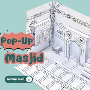 May include: A black and white pop-up paper model of a mosque with the words "Pop-Up Masjid" and "Download" in green and pink text.
