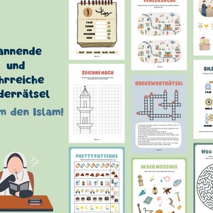 May include: A set of colourful printable worksheets for children featuring Islamic themes. The worksheets include a calendar, a connect-the-dots puzzle, a crossword puzzle, a word search, a maze, a drawing activity, and a find-the-differences game. The worksheets are designed to be fun and educational for children learning about Islam.