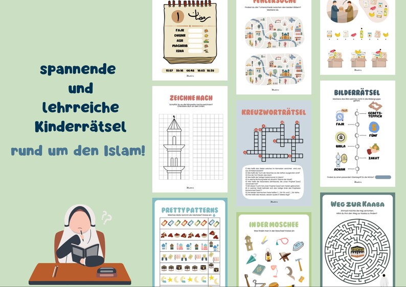 May include: A set of colourful printable worksheets for children featuring Islamic themes. The worksheets include a calendar, a connect-the-dots puzzle, a crossword puzzle, a word search, a maze, a drawing activity, and a find-the-differences game. The worksheets are designed to be fun and educational for children learning about Islam.