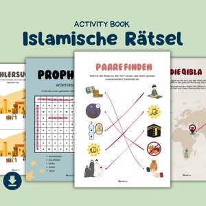 May include: A set of four colourful Islamic-themed activity pages for children. The pages include a word search, a spot the difference game, a connect the dots game, and a map activity. The pages are designed to be fun and educational for children learning about Islam.
