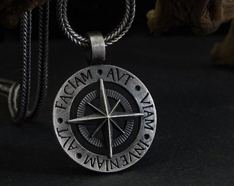 Latin Pendant Aut Viam Inveniam Men's Necklace with 925 Silver Wheat Link Chain