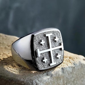Jerusalem Cross Sterling Silver Crusader Ring Knights Templar Christian Heraldic Symbol
