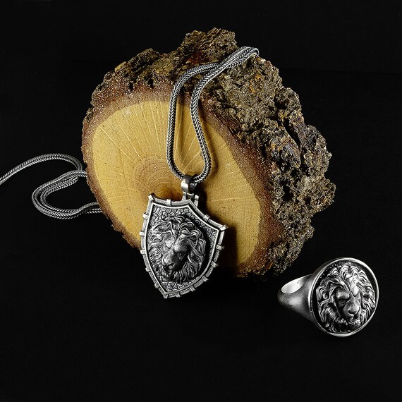 925 Silver Lion Head Necklace for Men, Shield Pendant With Chain