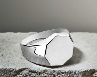 925 Sterling Silber Hexagon Siegelring - Poliertes Silber Band