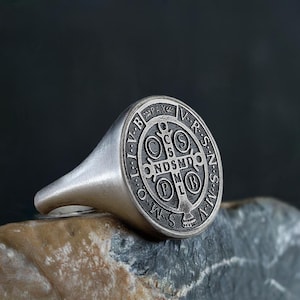 Saint Benedict Ring Christian Men&#39;s Jewelry Solid 925 Silver