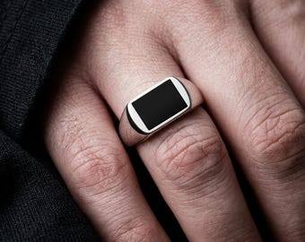 Black Onyx Men's Ring, Flat Top 925 Sterling Silver Band, Sizes US 6-15.75