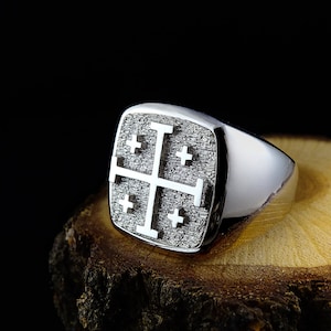 Jerusalem Cross Sterling Silver Crusader Ring Knights Templar Christian Heraldic Symbol