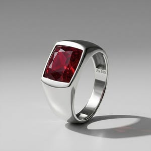 Men's Ruby Ring, High Polish 925 Silver Band, Geometric Solitaire Design, September Birthstone, Sizes 6-15.75