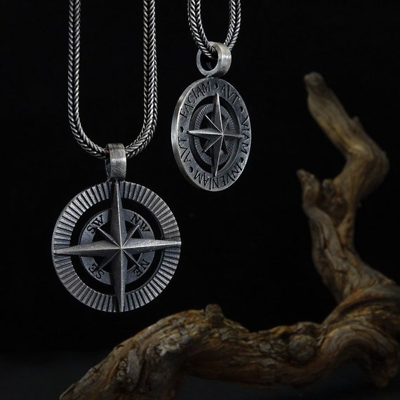 Compass Necklace Engraved Mens Chain SILVER Custom Compass