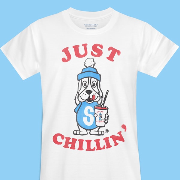 Retro Just Chillin süßes Welpen-T-Shirt - Retro-T-Shirts für Erwachsene, weißes Baumwolloberteil - Unisex-Damen-Herren-Retro-Nostalgiegeschenk