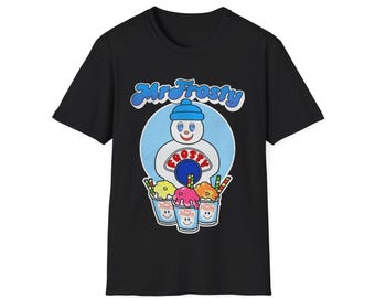 May include: Black t-shirt featuring a cartoon snowman with a blue hat and the text "Mr. Frosty" in blue. Below the snowman are three cups of colorful ice cream with the text "Mr. Frosty".